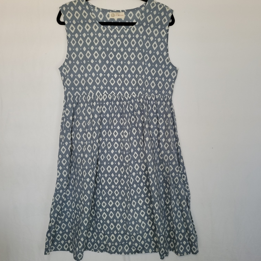 Giardino D'Oriente Dress Size L Blue White Geometric Casual Summer